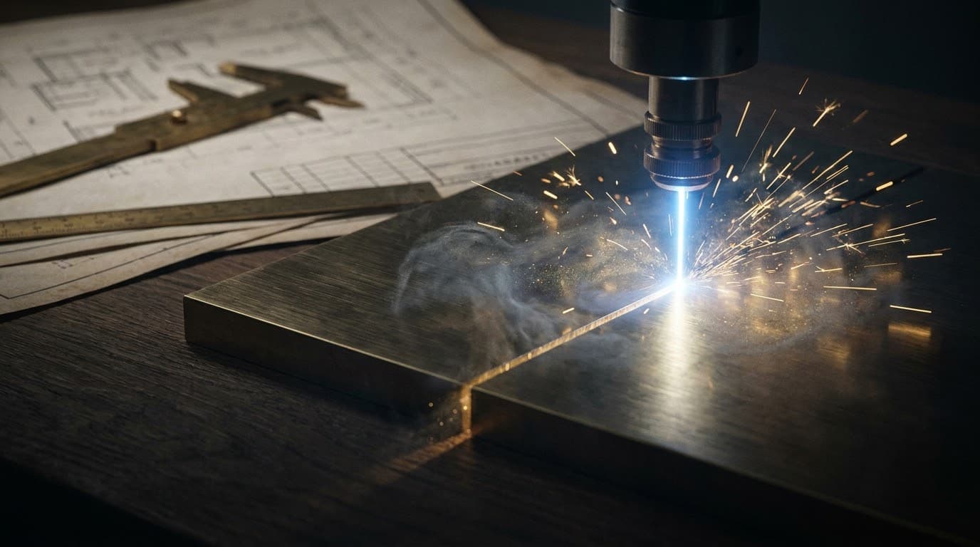 Laser cutter at work on a metal plate with sparks